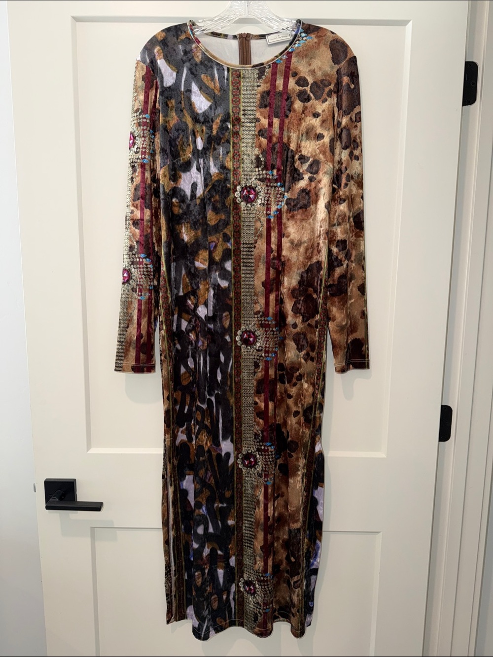 Pierre Louis Maci’s Velvet Leopard-Print Maxi Dress with Embellished Trim
